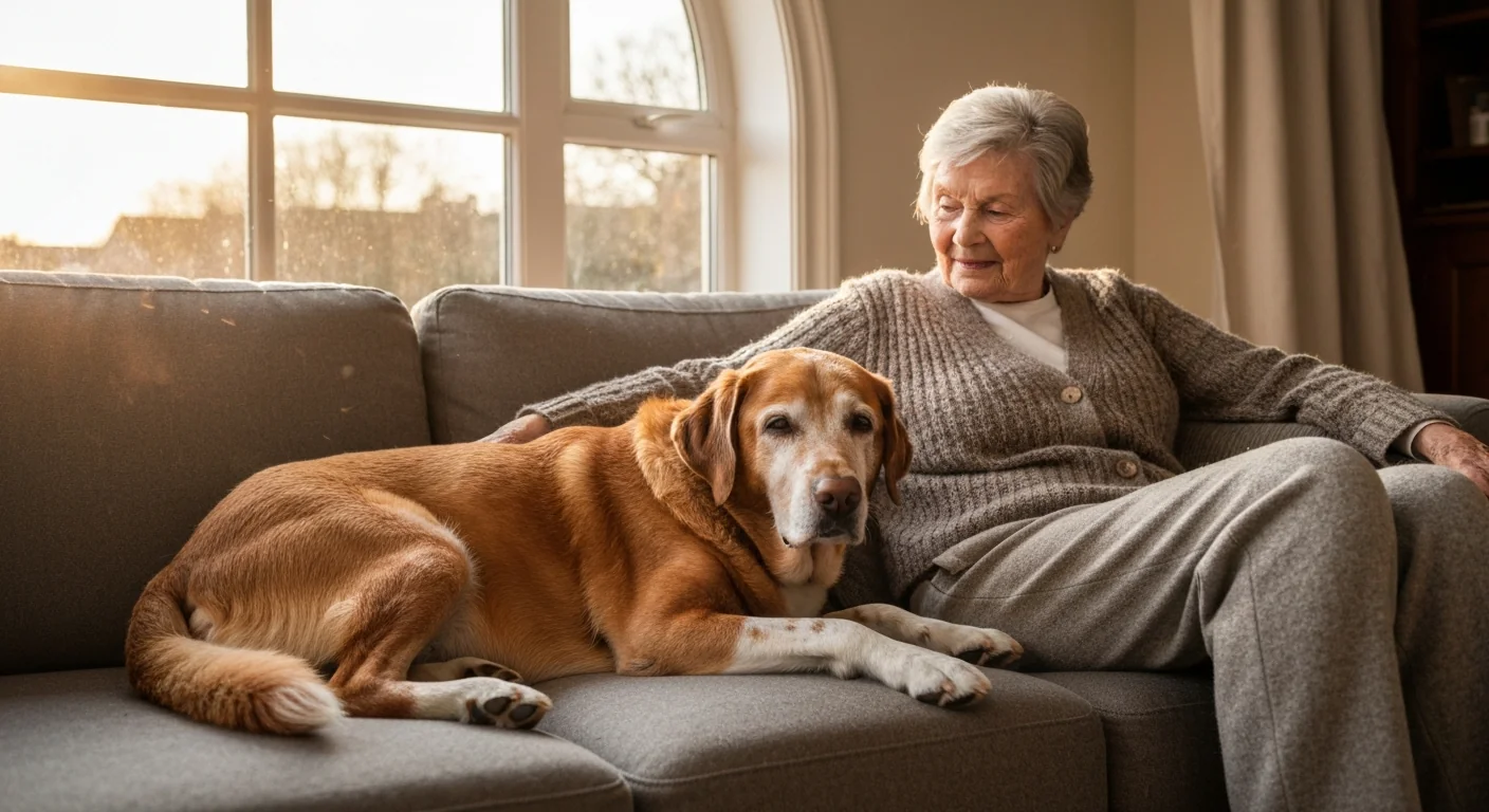Senior dog resting comfortably in a loving home