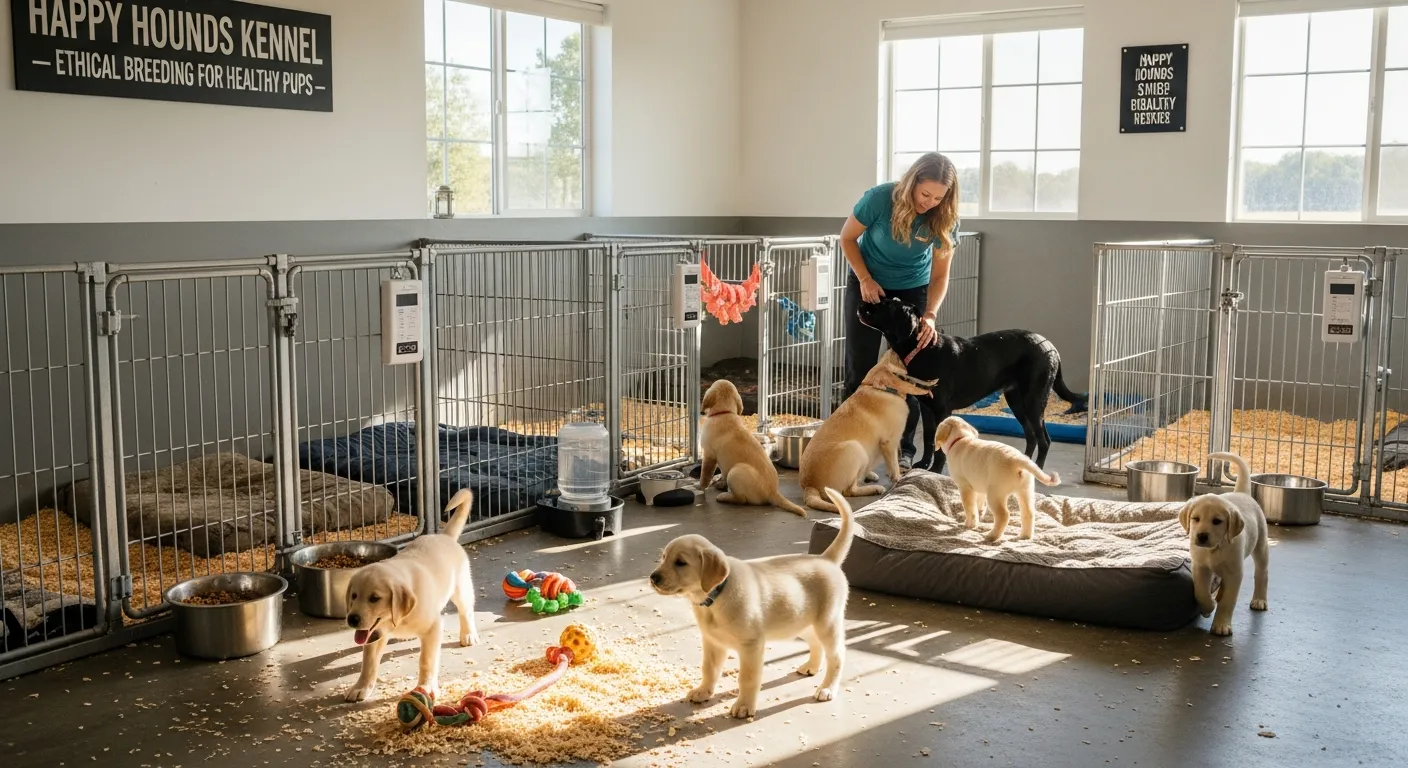 Ethical breeder with puppies in well-maintained kennel