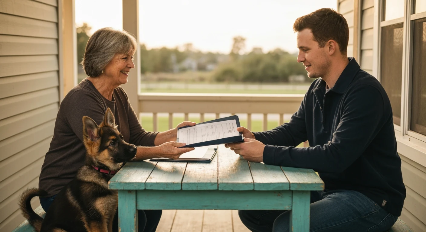 A breeder handing registration paperwork to a new owner, a German Shepherd puppy in the foreground