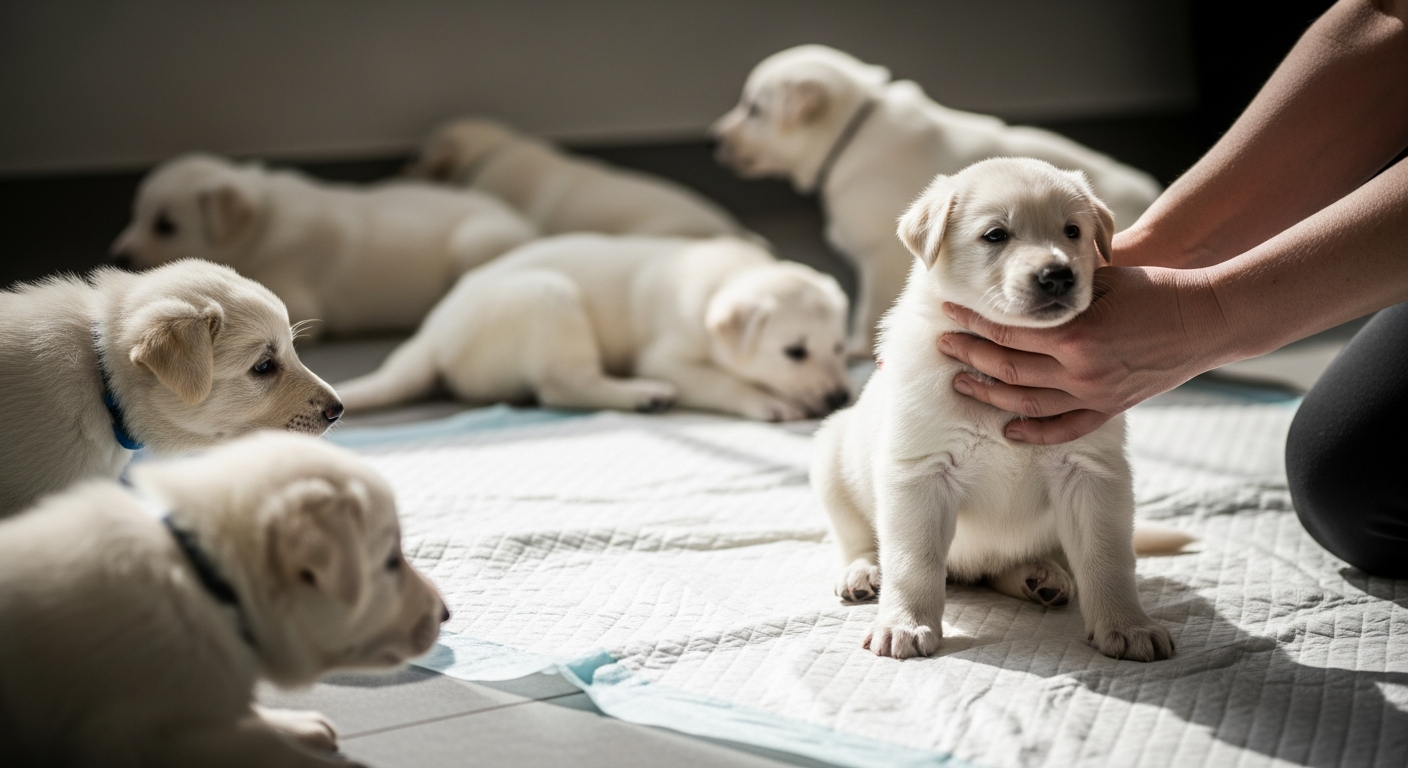 Litter of White Swiss Shepherd puppies at eight weeks old being evaluated on a clean assessment mat in natural light
