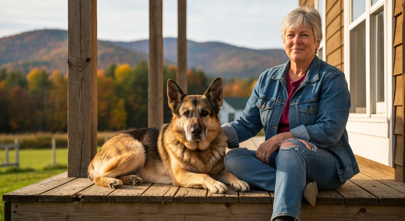 A calm mature female German Shepherd resting on a Vermont farmhouse porch beside her breeder