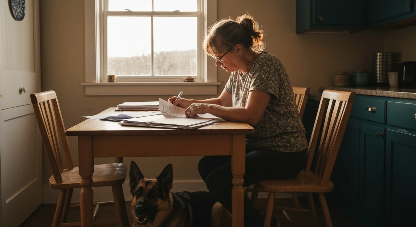 A breeder at a kitchen table sorting veterinary invoices and health-testing paperwork