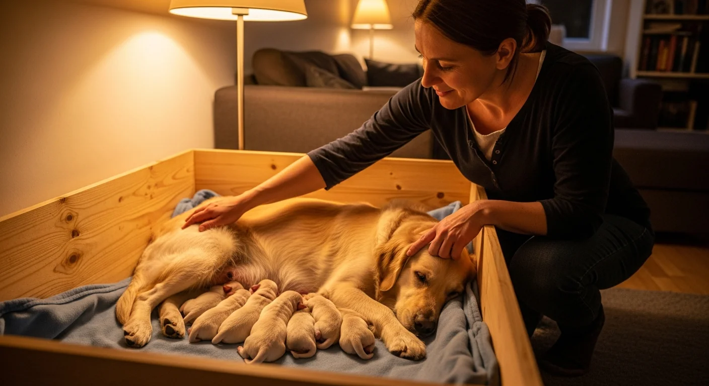 Breeder assisting with whelping, mother dog with newborn puppies